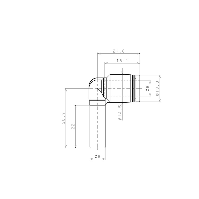 Bản vẽ kỹ thuật Đầu Nối Nhanh Khí Nén Giữa Ống Khí Và Fitting Dạng Cong 90° Pisco PLJ8