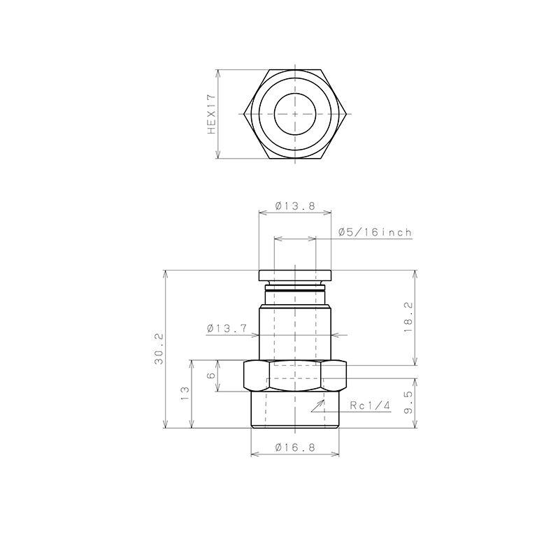 Bản vẽ kỹ thuật Đầu Nối Nhanh Khí Nén Dạng Thẳng Ren Trong Pisco PCF5/16-02-UC