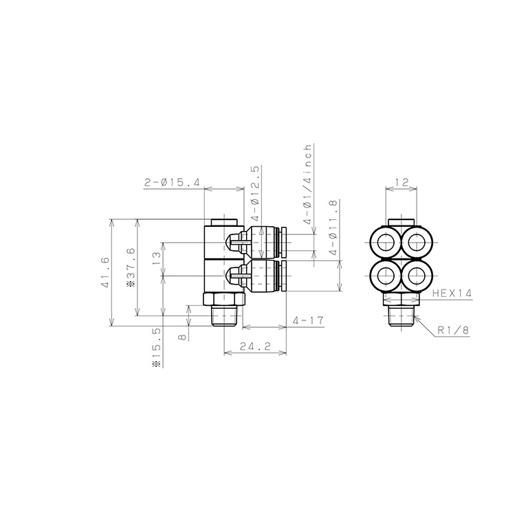 Bản vẽ kỹ thuật Đầu Nối Nhanh Khí Nén Bốn Nhánh Cong 90° Thân Lục Giác Trụ Ren Ngoài Pisco PAW1/4-01