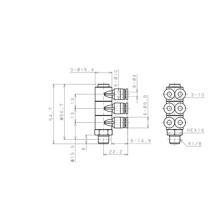 Bản vẽ kỹ thuật Đầu Nối Nhanh Khí Nén Sáu Nhánh Cong 90° Thân Lục Giác Trụ Ren Ngoài Pisco SPAT4-01