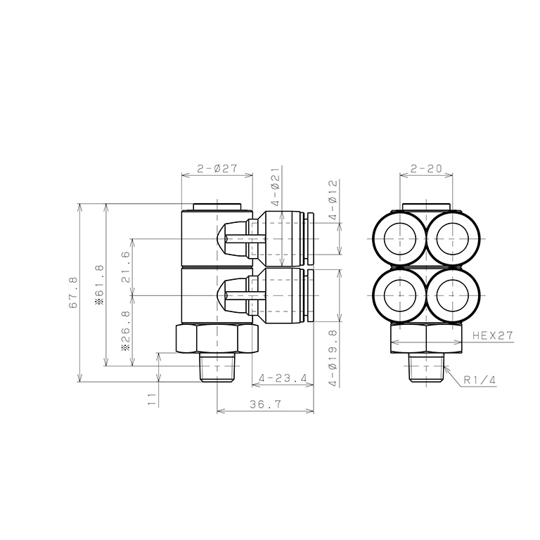 Bản vẽ kỹ thuật Đầu Nối Nhanh Khí Nén Bốn Nhánh Cong 90° Thân Lục Giác Trụ Ren Ngoài Pisco SPAW12-02