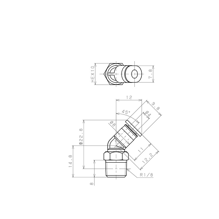 Bản vẽ kỹ thuật Đầu Nối Nhanh Khí Nén Dạng Cong 45° Ren Ngoài Pisco PLH4-01M