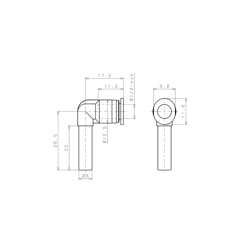 Bản vẽ kỹ thuật Đầu Nối Nhanh Khí Nén Giữa Ống Khí Và Fitting Dạng Nối Giảm Cong 90° Pisco PLGJ6-1/4M