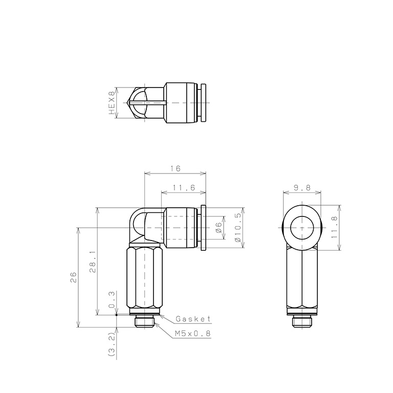 Bản vẽ kỹ thuật Đầu Nối Nhanh Khí Nén Dạng Cong 90° Ren Ngoài (Dài) Pisco PLL6-M5M-C
