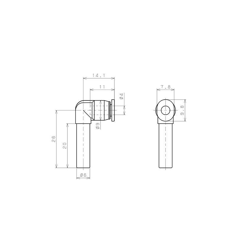 Bản vẽ kỹ thuật Đầu Nối Nhanh Khí Nén Giữa Ống Khí Và Fitting Dạng Nối Giảm Cong 90° Pisco PLGJ6-4M-C