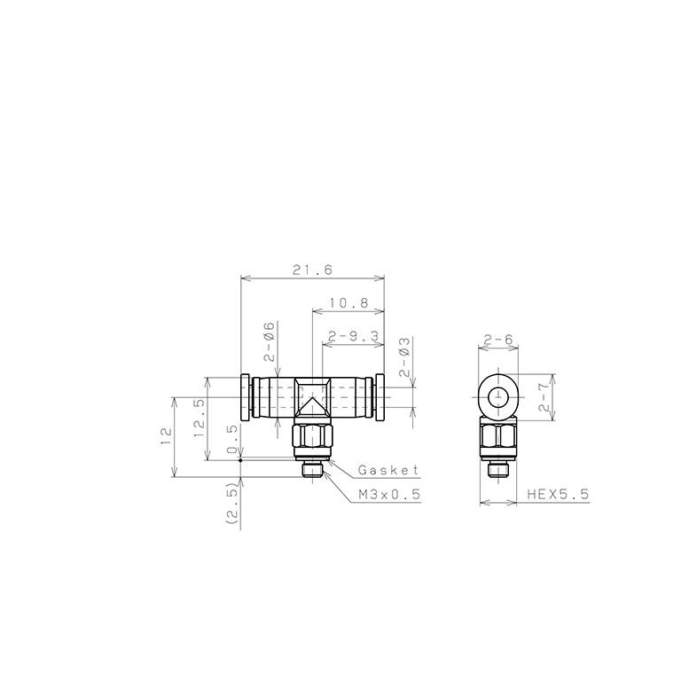 Bản vẽ kỹ thuật Đầu Nối Nhanh Khí Nén Dạng Chữ T Ren Ngoài Pisco PB3-M3M