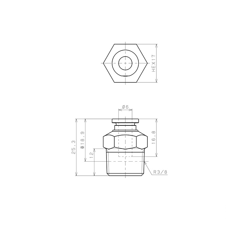 Bản vẽ kỹ thuật Đầu Nối Nhanh Khí Nén Dạng Thẳng Thân Lục Giác Ren Ngoài Pisco SSPC6-03-TP-C