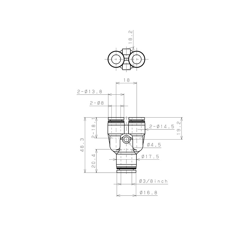 Bản vẽ kỹ thuật Đầu Nối Nhanh Khí Nén Chữ Y Dạng Nối Giảm Pisco PPW3/8-8