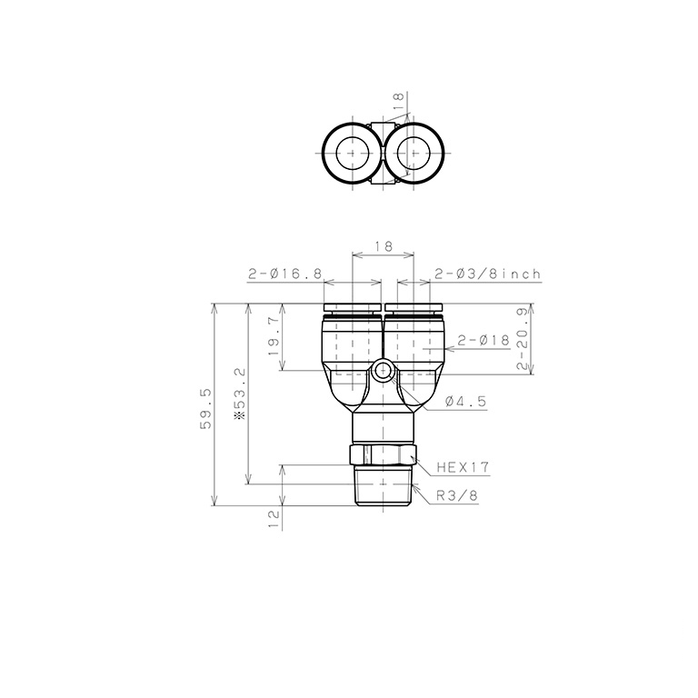 Bản vẽ kỹ thuật Đầu Nối Nhanh Khí Nén Dạng Chữ Y Ren Ngoài Pisco PPX3/8-03-F