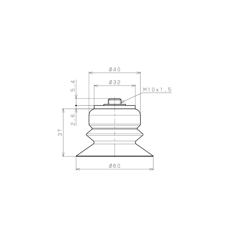 Bản vẽ kỹ thuật Bộ Nấm Hút Chân Không Có Vít Ren, Urethane, O.D 60 mm, Pisco VP60AU-M10