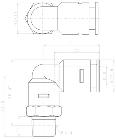 Bản vẽ kỹ thuật Đầu Nối Nhanh Khí Nén Dạng Cong 90° Ren Ngoài Pisco APL10-02-N-C