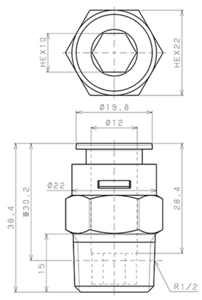 Bản vẽ kỹ thuật Đầu Nối Nhanh Khí Nén Dạng Thẳng Thân Lục Giác Ren Ngoài Pisco APC12-04-E-C