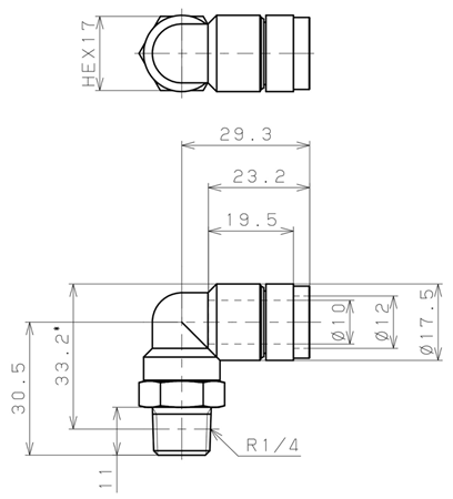 Bản vẽ kỹ thuật Đầu Nối Nhanh Khí Nén Cong 90° Phi 10mm Ren Ngoài R1/4 Pisco KL10-02
