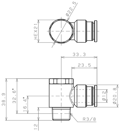 Bản vẽ kỹ thuật Đầu Nối Nhanh Khí Nén Cong 90° Đầu Lục Giác Trụ Ren Ngoài Pisco KH12-03-1-F