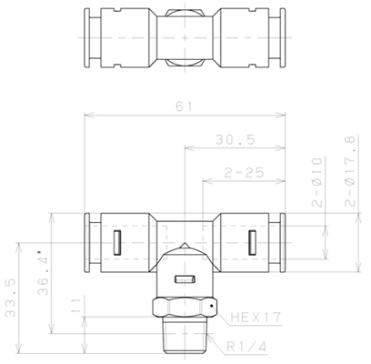 Bản vẽ kỹ thuật Đầu Nối Nhanh Khí Nén Dạng Chữ T Ren Ngoài Pisco APB10-02-N