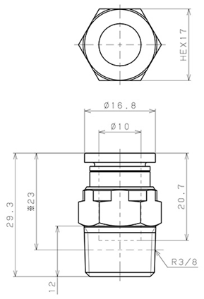 Bản vẽ kỹ thuật Đầu Nối Nhanh Khí Nén Dạng Thẳng Thân Lục Giác Ren Ngoài Pisco PC10-03