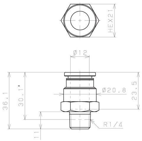 Bản vẽ kỹ thuật Đầu Nối Nhanh Khí Nén Dạng Thẳng Thân Lục Giác Ren Ngoài Pisco KC12-02-1
