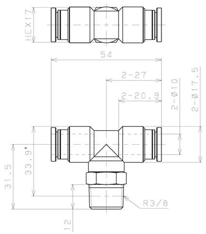 Bản vẽ kỹ thuật Đầu Nối Nhanh Khí Nén Dạng Chữ T Ren Ngoài Pisco KB10-03-1