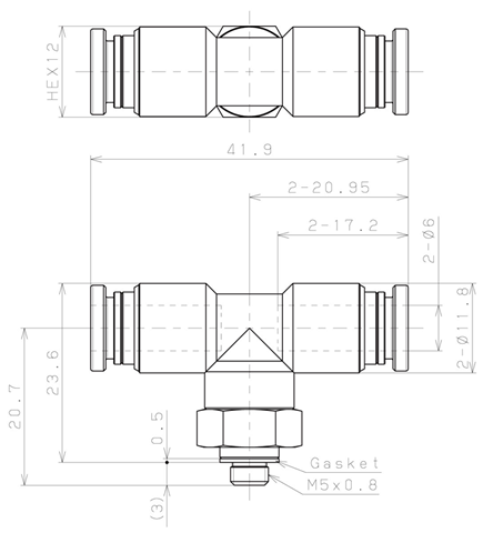 Bản vẽ kỹ thuật Đầu Nối Nhanh Khí Nén Dạng Chữ T Ren Ngoài Pisco KB6-M5-1
