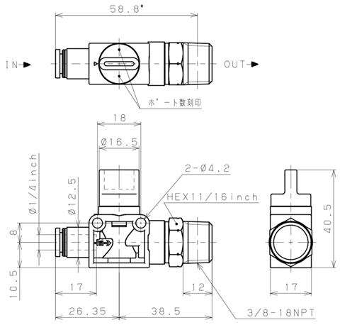 Bản vẽ kỹ thuật Van Tay Khí Nén Pisco HV1/4-N3-2U