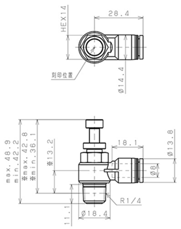 Bản vẽ kỹ thuật Van Tiết Lưu Khí Nén Cong 90° OD 8mm Ren Ngoài R1/4 Pisco JSC8-02A
