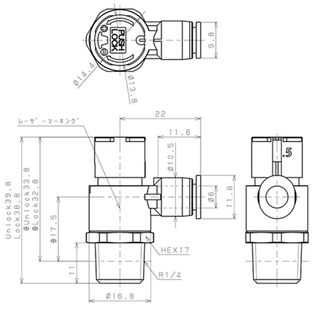 Bản vẽ kỹ thuật Van Tiết Lưu Khí Nén Loại Khóa Đẩy Có Hiển Thị Chỉ Số Pisco JSGC6-02AW
