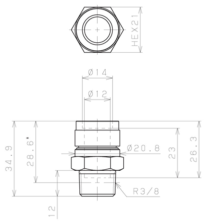 Bản vẽ kỹ thuật Đầu Nối Nhanh Khí Nén Thẳng Phi 12mm Ren Ngoài R3/8 Pisco KC12-03