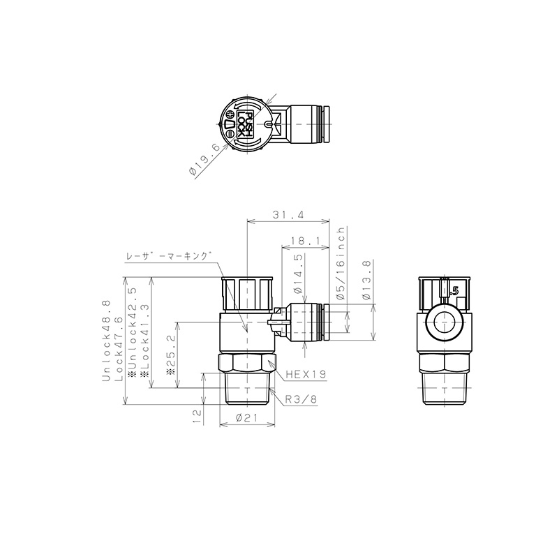 Bản vẽ kỹ thuật Van Tiết Lưu Khí Nén Loại Khóa Đẩy Có Hiển Thị Chỉ Số Pisco JSGC5/16-03ALW