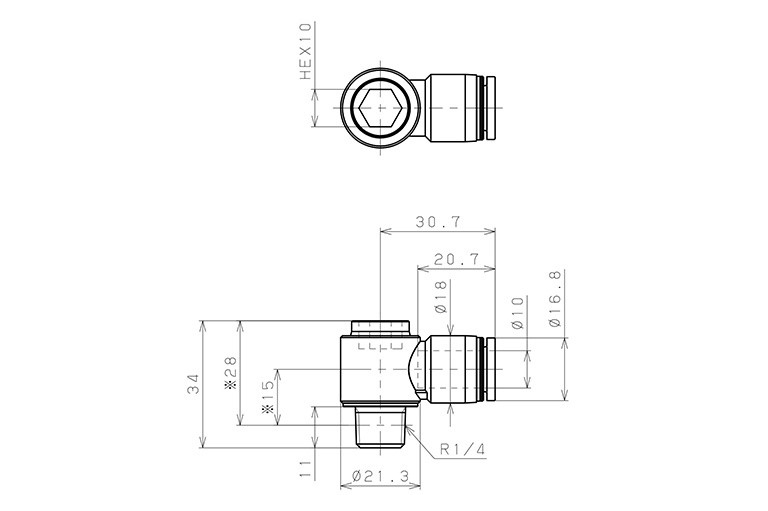 Bản vẽ kỹ thuật Đầu Nối Nhanh Khí Nén Dạng Cong 90° Đầu Lục Giác Chìm Ren Ngoài Pisco POL10-02W