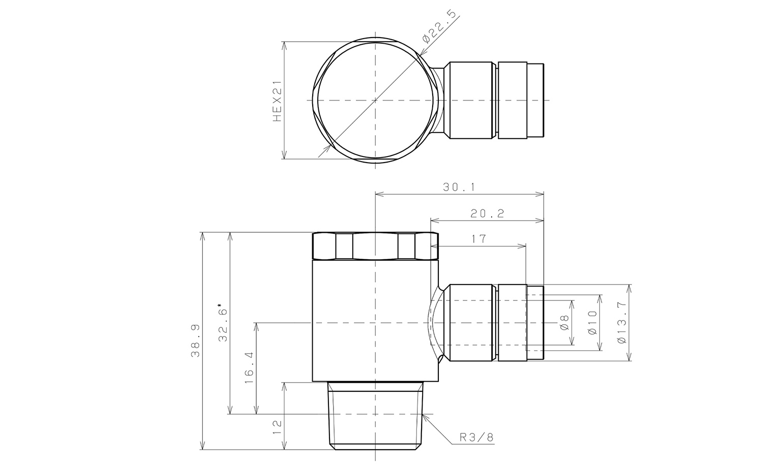 Bản vẽ kỹ thuật Đầu Nối Nhanh Khí Nén Cong 90° Đầu Lục Giác Trụ Ren Ngoài Pisco KH8-03-F