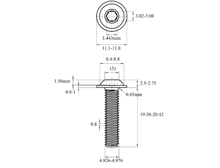 Bản vẽ kỹ thuật Lục Giác Chìm Mo Thép Mạ Kẽm Trắng Cr3+ 10.9 ISO7380-2 M5x20