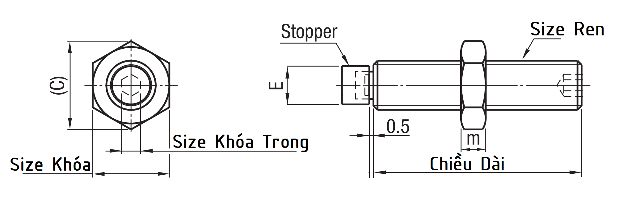 Bản vẽ kỹ thuật Stopper Bolts Straight Type - Coarse USS4-30
