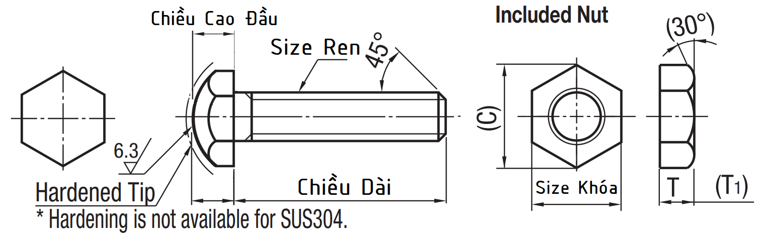 Bản vẽ kỹ thuật Locating Bolts Round Head Coarse M8x30 STBB8-30