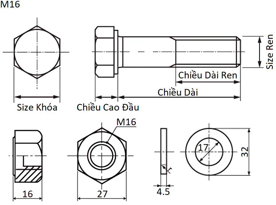 Bản vẽ kỹ thuật Bulong Cường Độ Cao Thép Đen F10T M16x50 Ren Lửng (1 Tán + 2 Lông Đền)