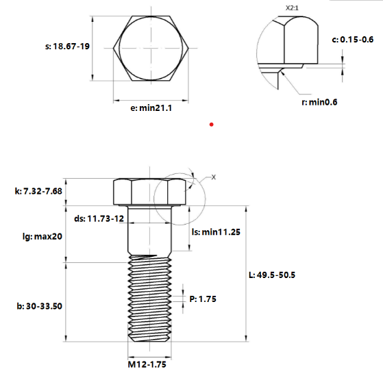 Bản vẽ kỹ thuật Bulong Mạ Kẽm Trắng Cr3+ 10.9 DIN931 M12x50 Ren Lửng