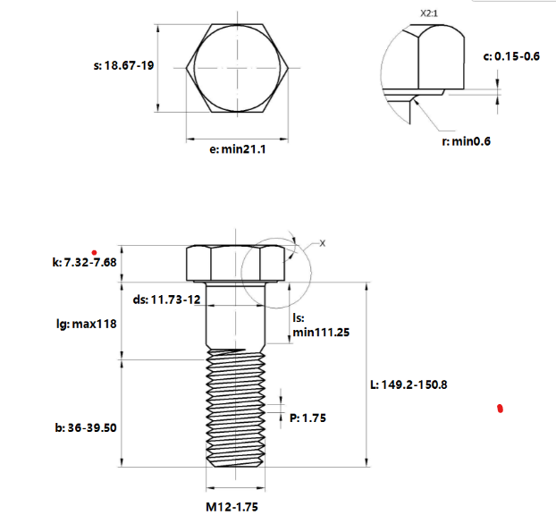 Bản vẽ kỹ thuật Bulong Thép Đen 10.9 DIN931 M12x150 Ren Lửng