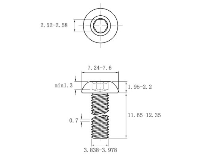 Bản vẽ kỹ thuật Lục Giác Chìm Mo Thép Mạ Kẽm Trắng Cr3+ 10.9 ISO7380 M4x12 (50Cái/Bịch)
