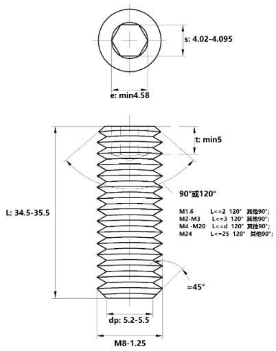 Bản vẽ kỹ thuật Vít Trí Đuôi Bằng Thép Mạ Kẽm 10.9 DIN913 M8x35