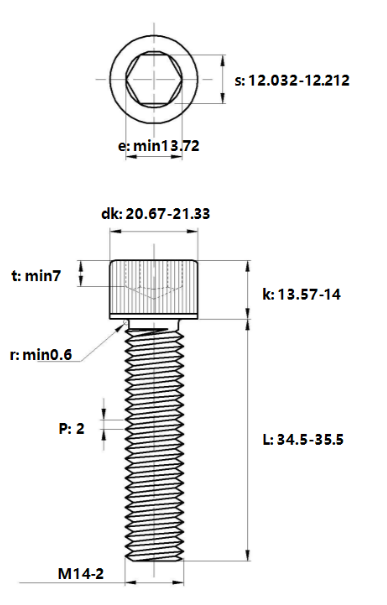 Bản vẽ kỹ thuật Lục Giác Chìm Đầu Trụ Thép Mạ Kẽm Trắng Cr3+ 12.9 DIN912 M14x35