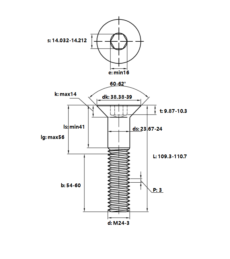 Bản vẽ kỹ thuật Lục Giác Chìm Col Thép Đen 10.9 DIN7991 M24x110 Ren Lửng