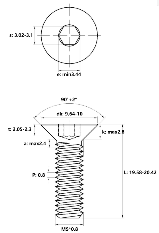 Bản vẽ kỹ thuật Lục Giác Chìm Col Thép Đen 10.9 DIN7991 M5x20