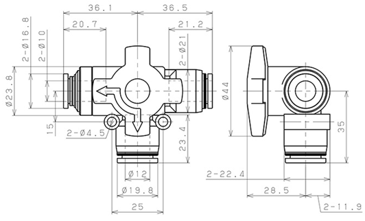 Bản vẽ kỹ thuật Van Chuyển Hướng Khí Nén Ba Ngã Pisco HBV12-10
