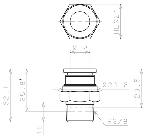 Bản vẽ kỹ thuật Đầu Nối Nhanh Khí Nén Dạng Thẳng Thân Lục Giác Ren Ngoài Pisco KC12-03-1