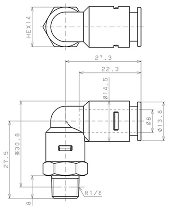 Bản vẽ kỹ thuật Đầu Nối Nhanh Khí Nén Dạng Cong 90° Ren Ngoài Pisco APL8-01
