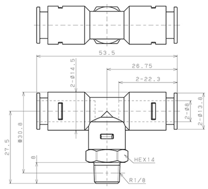 Bản vẽ kỹ thuật Đầu Nối Nhanh Khí Nén Dạng Chữ T Ren Ngoài Pisco APB8-01-E