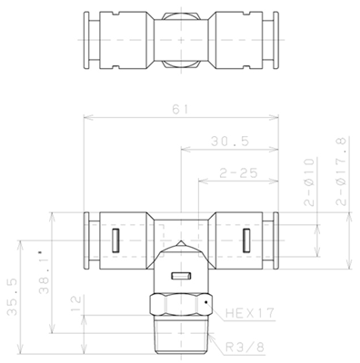 Bản vẽ kỹ thuật Đầu Nối Nhanh Khí Nén Dạng Chữ T Ren Ngoài Pisco APB10-03-C