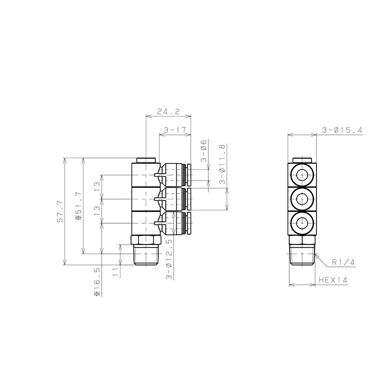 Bản vẽ kỹ thuật Đầu Nối Nhanh Khí Nén Ba Nhánh Cong 90° Thân Lục Giác Trụ Ren Ngoài Pisco PHT6-02-C