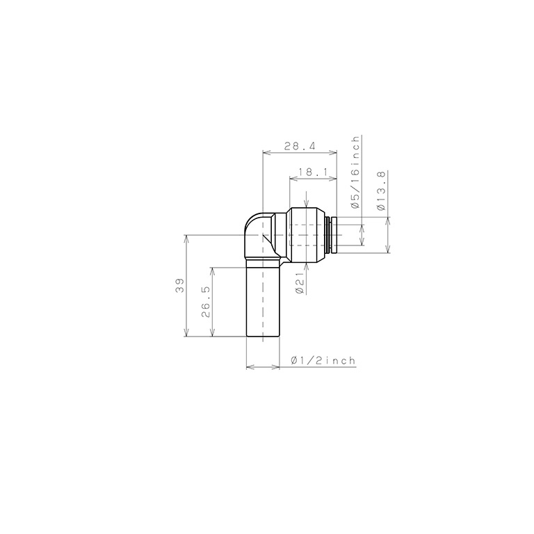 Bản vẽ kỹ thuật Đầu Nối Nhanh Khí Nén Giữa Ống Khí Và Fitting Dạng Nối Giảm Cong 90° Pisco PLGJ1/2-5/16