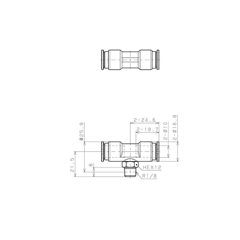 Bản vẽ kỹ thuật Đầu Nối Nhanh Khí Nén Dạng Chữ T Ren Ngoài Pisco SSPB10-01-C