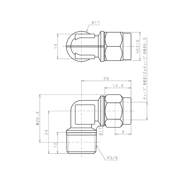 Bản vẽ kỹ thuật Đầu Ngạnh Nối Ống Có Đai Ốc Xiết Dạng Cong 90° Ren Ngoài Pisco NKL1065-03